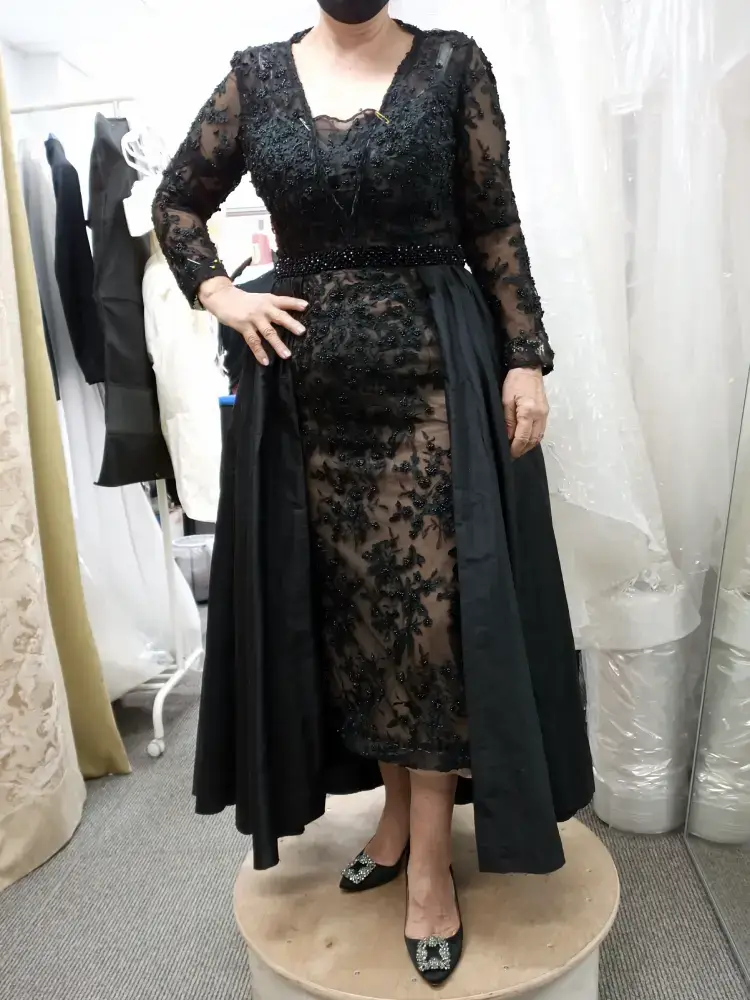 Black lace and mesh evening dress alterations