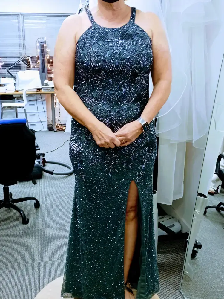 teal sequined evening dress alterations