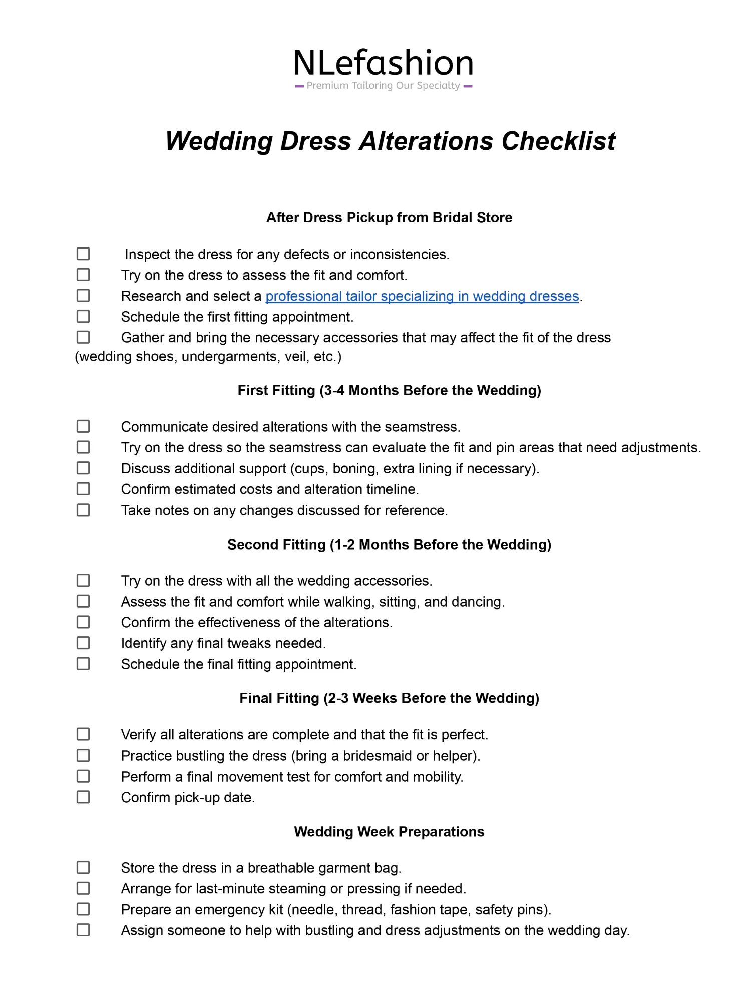 Bridal Alterations Checklist Download Bridal Alterations Checklist Download